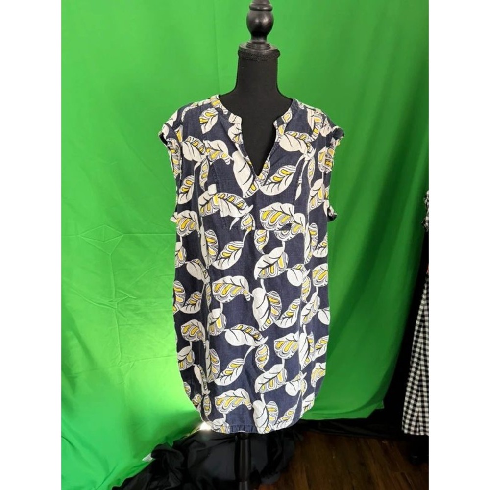 J.Crew XL Tropical Frond Linen Lyocell Shift Dress Navy Yellow V-Neck C6097